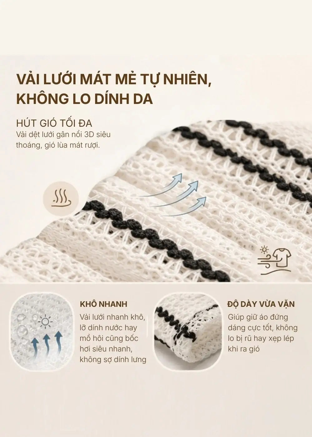 Áo Sơ Mi Tay Ngắn IceVibes™ Kẻ Sọc Vải Lưới Thoáng Gió The No Style 144 Màu Be Dáng Vừa Vặn F3