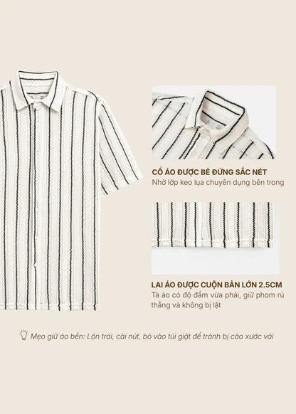 Áo Sơ Mi Tay Ngắn IceVibes™ Kẻ Sọc Vải Lưới Thoáng Gió The No Style 144 Màu Be Dáng Vừa Vặn F3