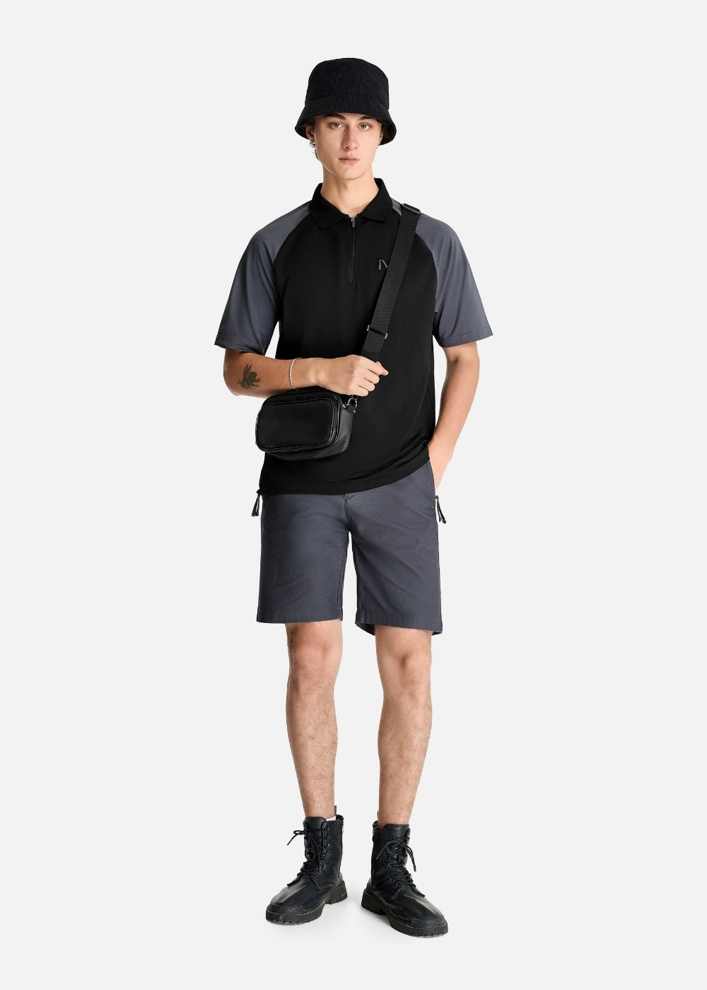 Áo Polo Raglan Pique Co Giãn The No Style 225 Đen Xám