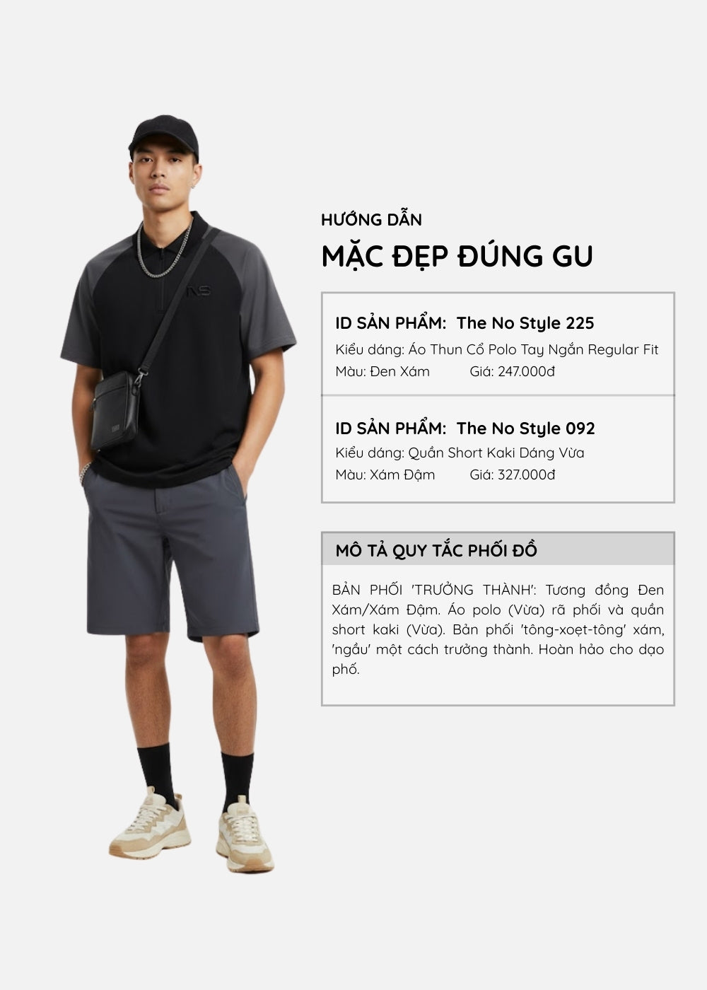 Áo Polo Raglan Pique Co Giãn The No Style 225 Đen Xám