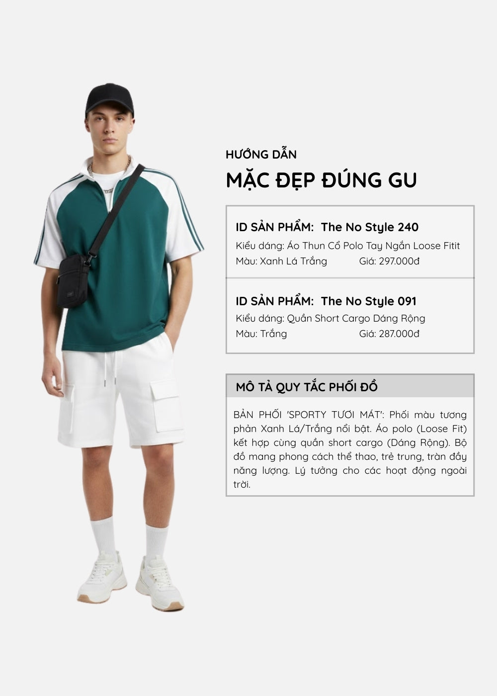 Áo Polo Raglan Mát Mềm Mại The No Style 240 Xanh Lá Trắng