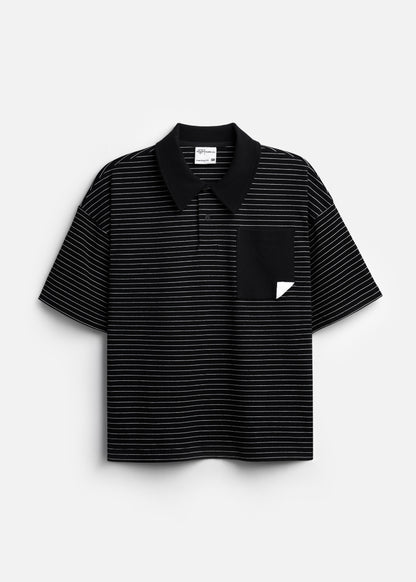 Áo Polo Sọc Boxy FlexFit™ Vải Co Giãn Túi Xếp Origami The No Style 245 Màu Đen 99 Dáng Hộp F5