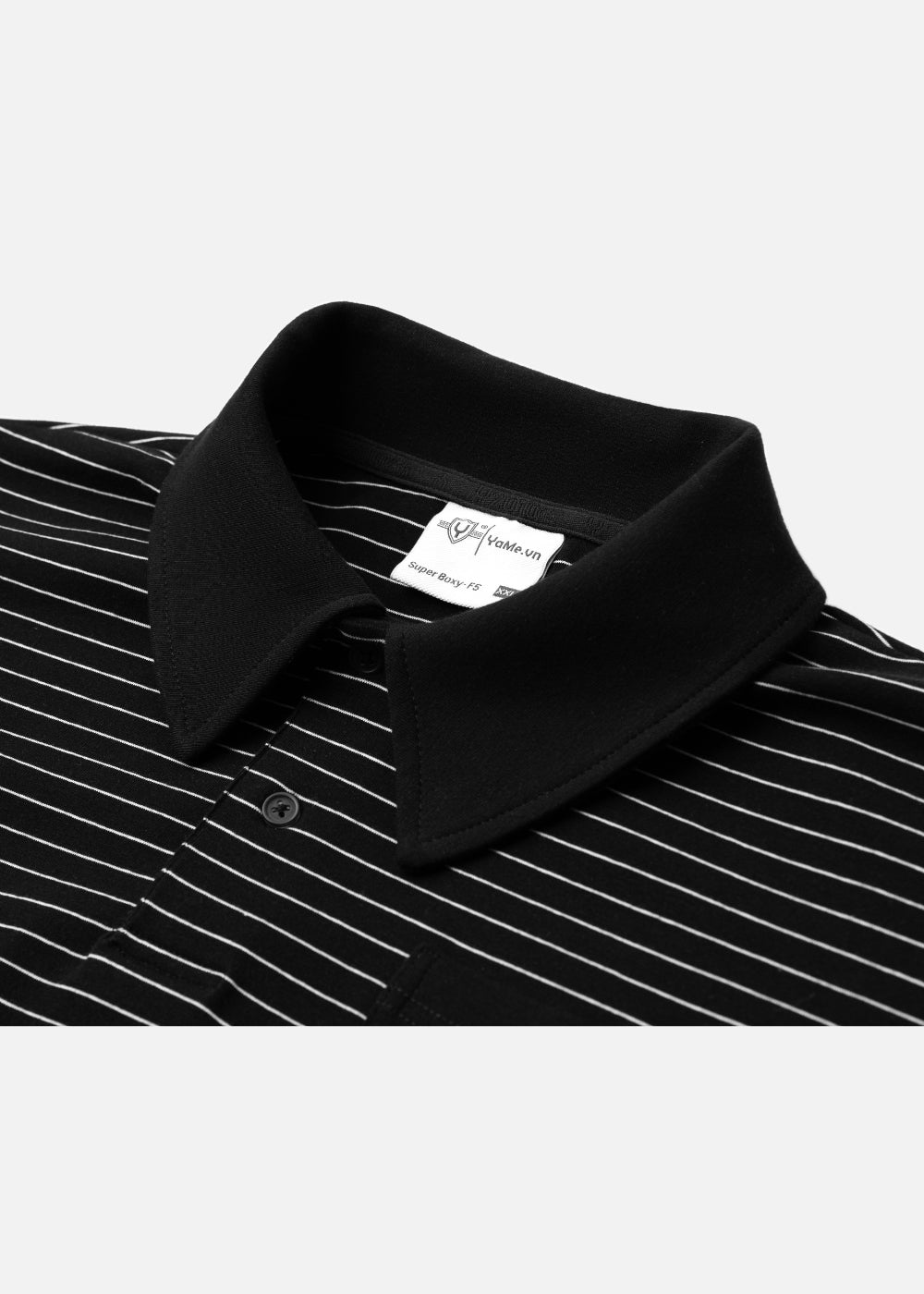Áo Polo Sọc Boxy FlexFit™ Vải Co Giãn Túi Xếp Origami The No Style 245 Màu Đen 99 Dáng Hộp F5