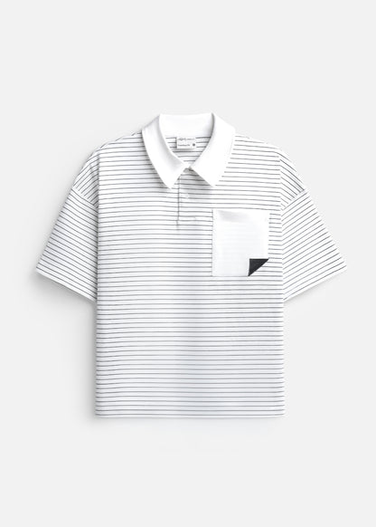 Áo Polo Sọc Boxy FlexFit™ Vải Co Giãn Túi Xếp Origami The No Style 245 Màu Trắng 11 Dáng Hộp F5