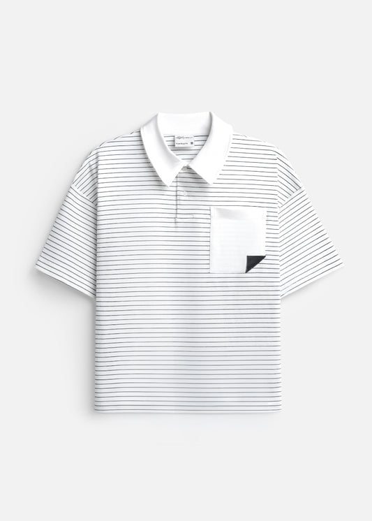 Áo Polo Sọc Boxy FlexFit™ Vải Co Giãn Túi Xếp Origami The No Style 245 Màu Trắng 11 Dáng Hộp F5