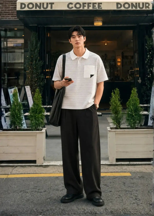Áo Polo Sọc Boxy FlexFit™ Vải Co Giãn Túi Xếp Origami The No Style 245 Màu Trắng 11 Dáng Hộp F5