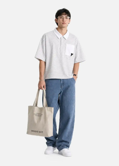 Áo Thun Cổ Polo FlexFit™ Sọc Boxy Vải Co Giãn Túi Xếp Origami The No Style 245 Màu Trắng 11 Dáng Hộp F5