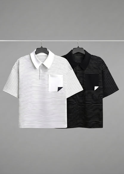 Áo Polo Sọc Boxy FlexFit™ Vải Co Giãn Túi Xếp Origami The No Style 245 Màu Đen 99 Dáng Hộp F5