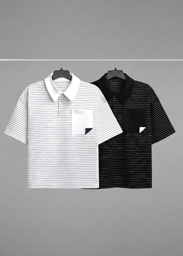 Áo Polo Sọc Boxy FlexFit™ Vải Co Giãn Túi Xếp Origami The No Style 245 Màu Trắng 11 Dáng Hộp F5