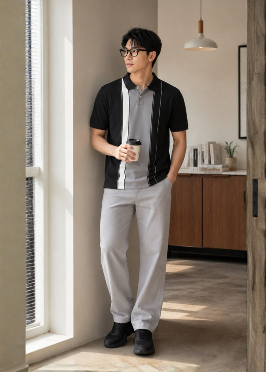 Áo Thun Cổ Polo  FlexFit™ Họa Tiết Sọc Vải Cá Sấu Cotton Mềm Mát The Weekend 047 Màu Đen 99 Dáng Vừa Vặn F3