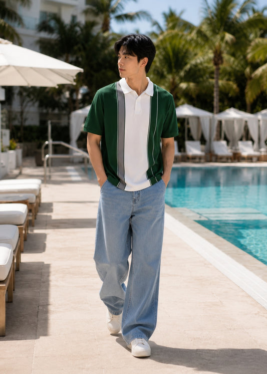 Áo Thun Cổ Polo  FlexFit™ Họa Tiết Sọc Vải Cá Sấu Cotton Mềm Mát The Weekend 047 Màu Rêu 72 Dáng Vừa Vặn F3