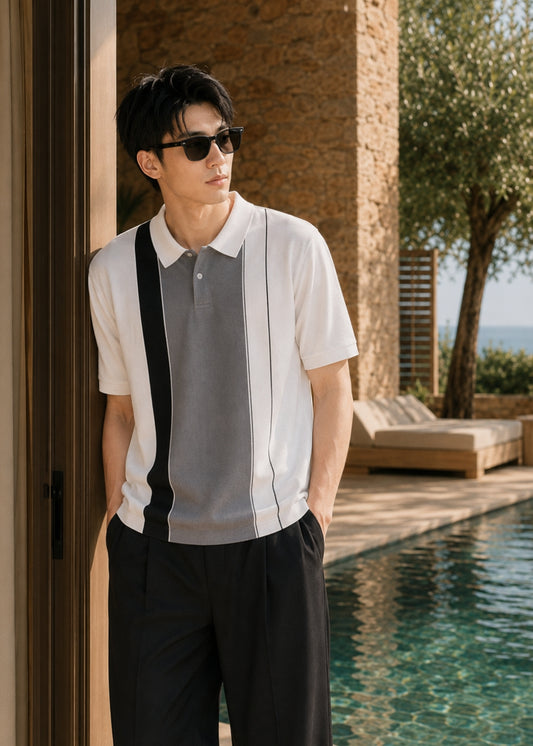 Áo Thun Cổ Polo  FlexFit™ Họa Tiết Sọc Vải Cá Sấu Cotton Mềm Mát The Weekend 047 Màu Trắng 11 Dáng Vừa Vặn F3