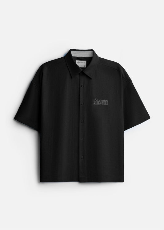 Sơ Mi Tay Ngắn Boxy EasyCare™ Vải Oxford Mềm Thoáng Tay Lật Lai Sọc Trendy The Weekend 048 Màu Đen 99 Dáng Hộp F5