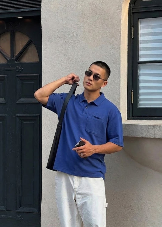 Áo Polo Dáng Vuông Che Khuyết Điểm FlexFit™ Co Giãn Thoải Mái The Worker 005 Màu Xanh Dương Đậm Dáng Rộng Rãi F4