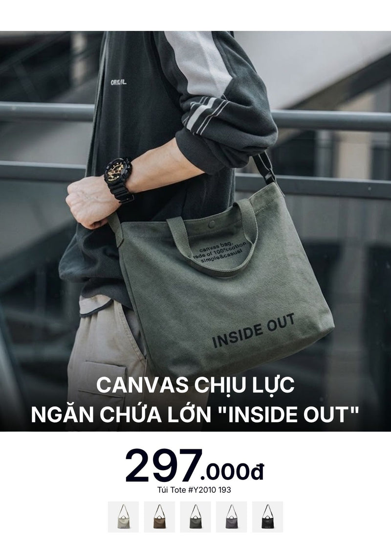 Túi Tote Canvas Chịu Lực Ngăn Chứa Lớn "INSIDE OUT" #Y2010 193 Màu Xanh Lá Đậm