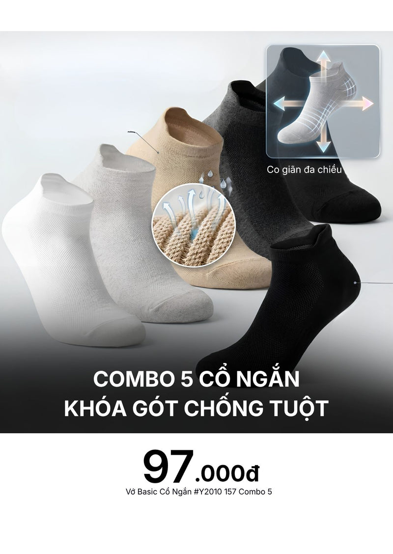 Combo 5 Vớ Basic Cổ Ngắn Heel Tab Khóa Gót Chống Tuột #Y2010 157 Màu Free Color
