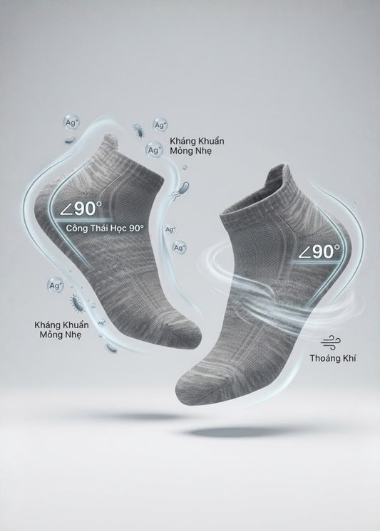 Vớ Cổ Ngắn Công Thái Học 90° Đệm Xù Giảm Chấn Kháng Khuẩn #Y2010 127 Xám Nhạt