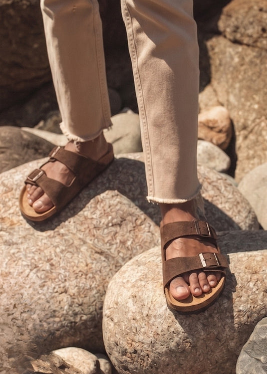 Dép Đế Trấu Two-strap Slides Da Suede Mềm #Y2010 135 Nâu Đậm