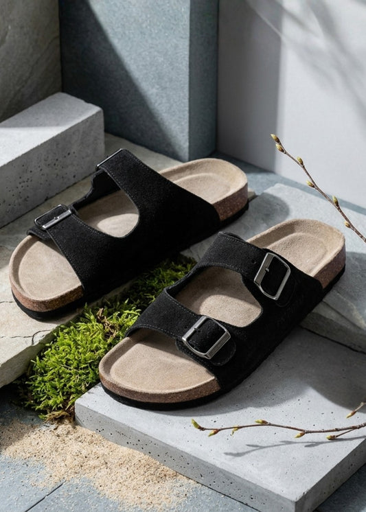 Dép Đế Trấu Two-strap Slides Da Suede Mềm #Y2010 135 Đen