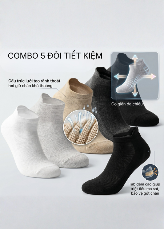 Combo 5 Vớ Basic Cổ Ngắn Heel Tab Khóa Gót Chống Tuột #Y2010 157 Free Color