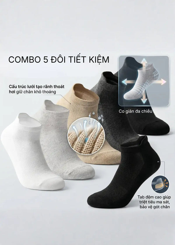 Combo 5 Vớ Basic Cổ Ngắn Heel Tab Khóa Gót Chống Tuột #Y2010 157 Free Color