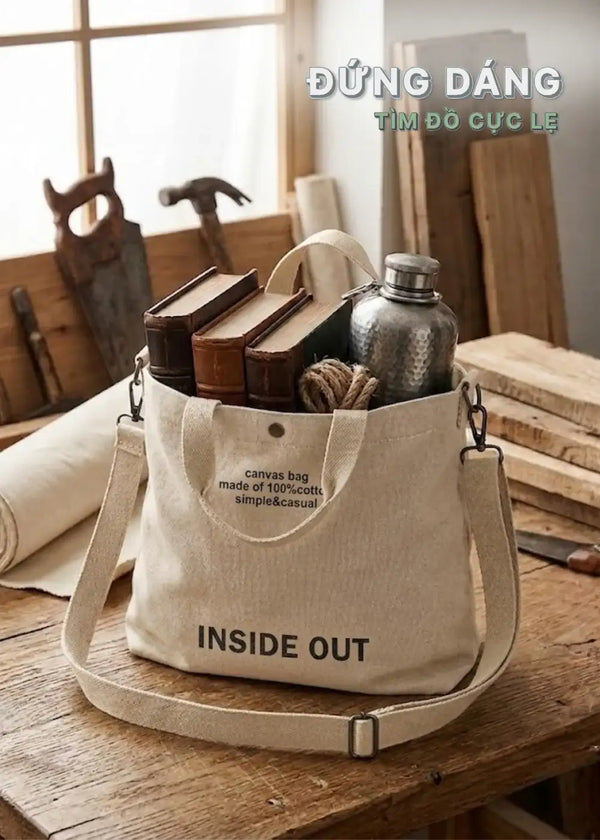 Túi Tote Canvas Chịu Lực Ngăn Chứa Lớn "INSIDE OUT" #Y2010 193 Màu Nâu Nhạt