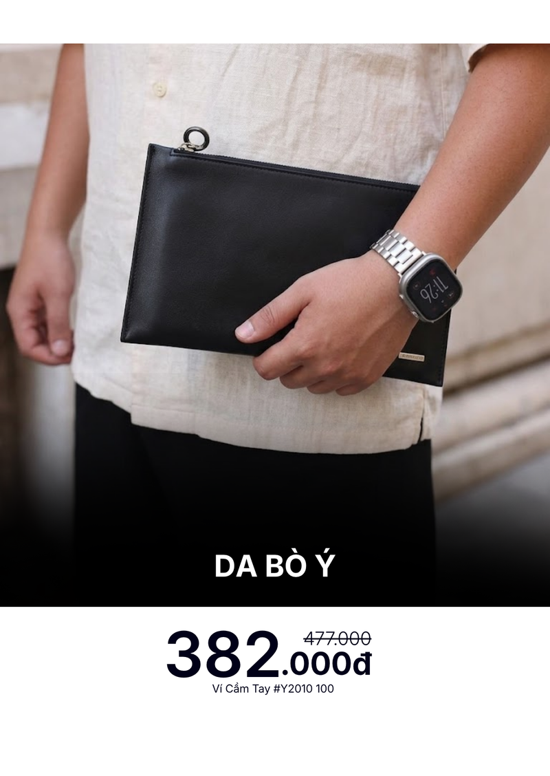 Ví Cầm Tay Da Bò Ý #Y2010 100 Đen