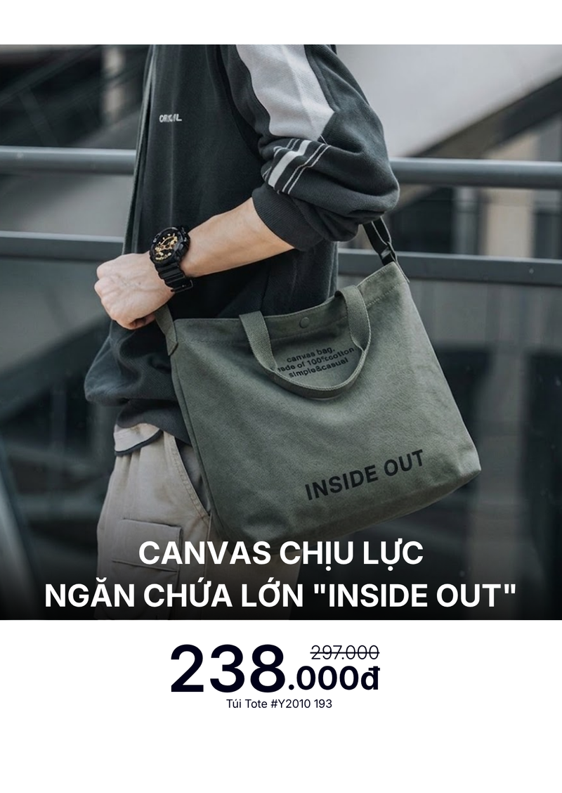 Túi Tote Canvas Chịu Lực Ngăn Chứa Lớn "INSIDE OUT" #Y2010 193 Màu Xanh Lá Đậm