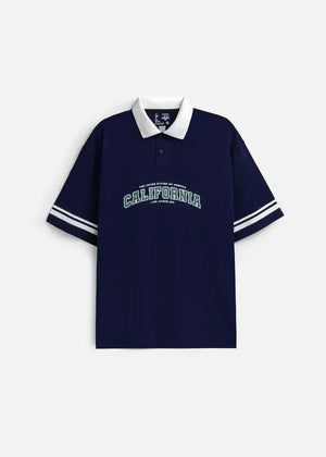 Áo Thun Cổ Polo FlexFit™ Cổ Phối Màu "CALIFORNIA" The No Style 028 Màu Xanh Dương Đậm Dáng Rộng Rãi F4
