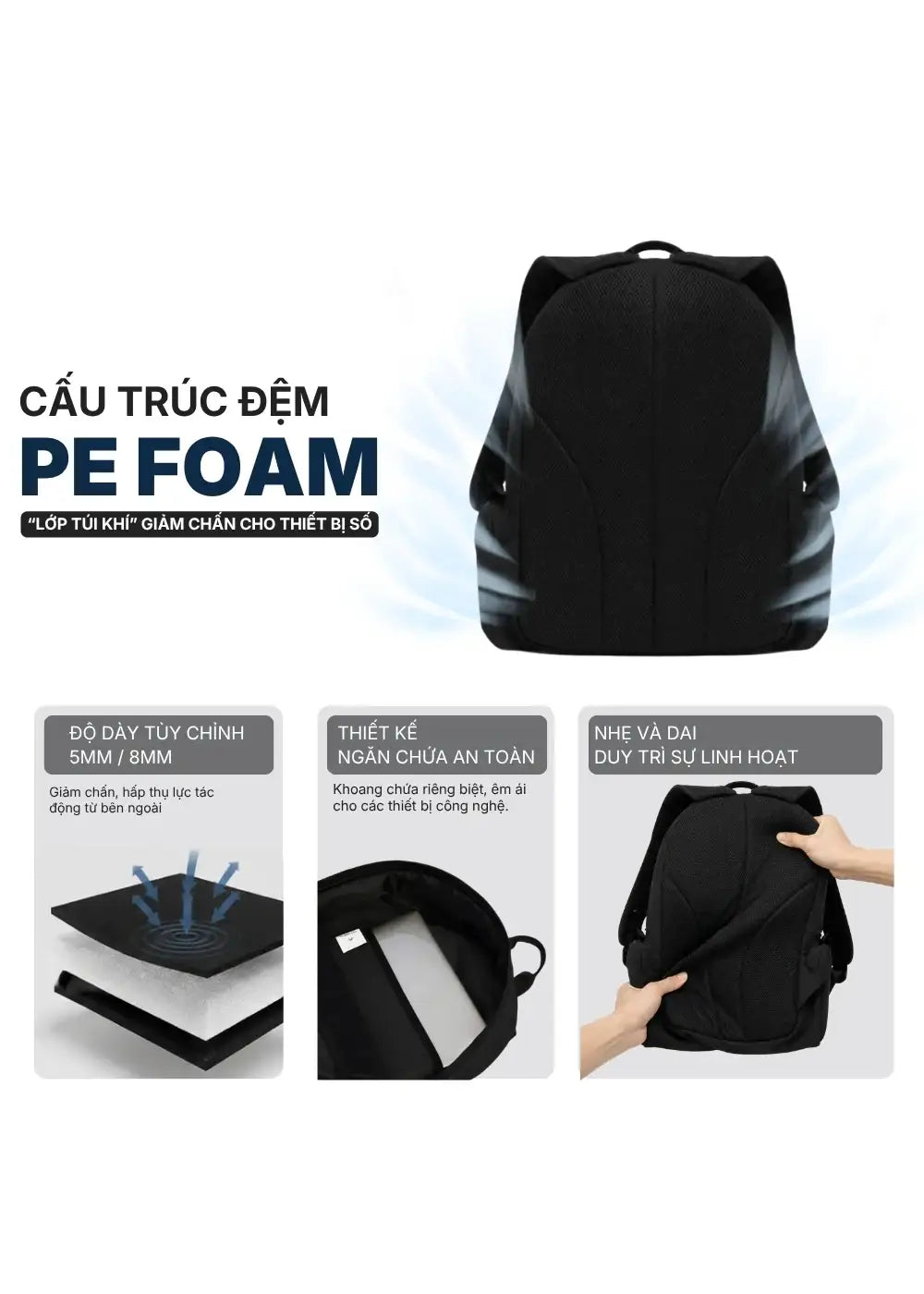 Balo Essential Nhiều Ngăn Chống Sốc Khởi Nguyên 011 Màu Đen