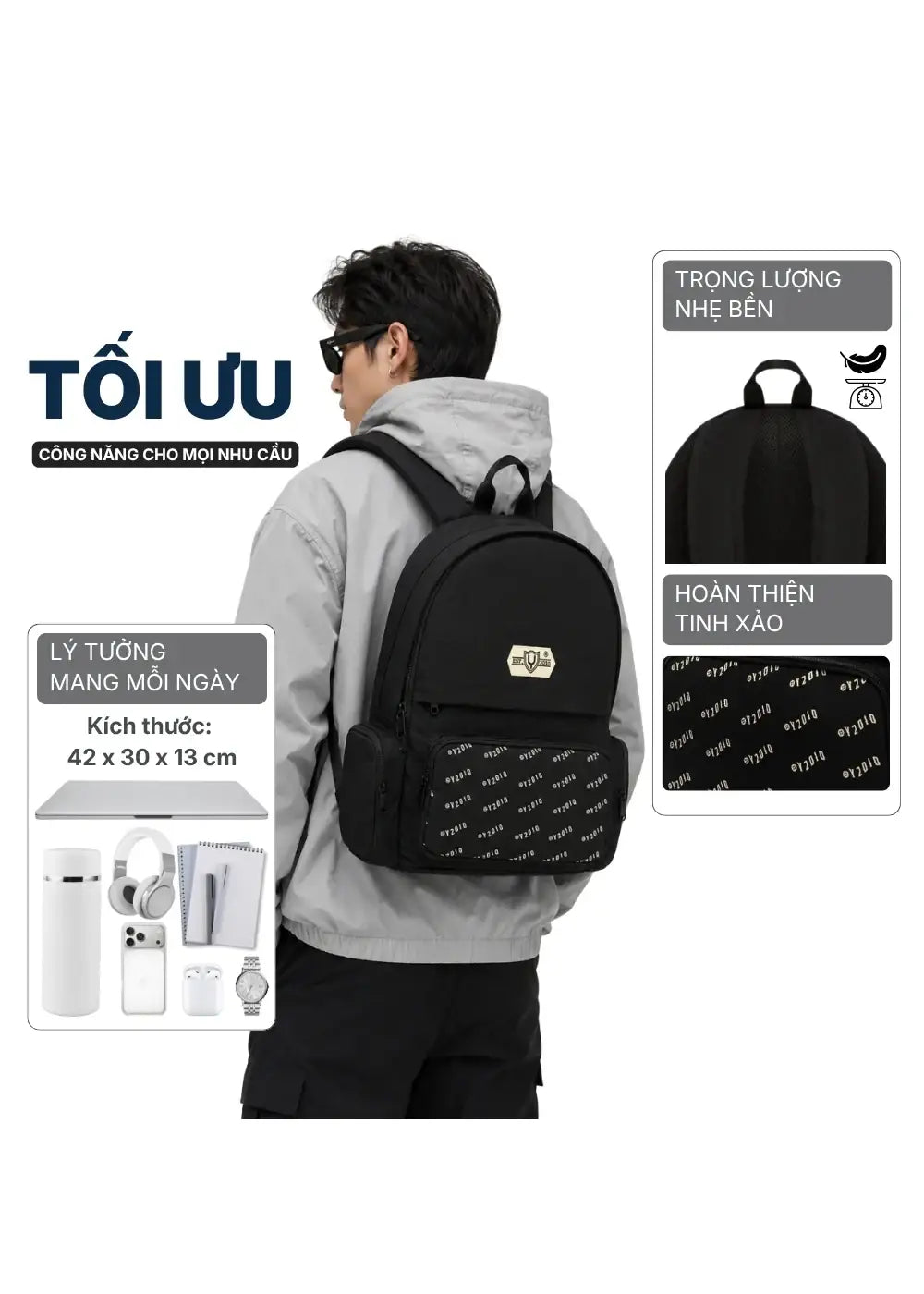 Balo Essential Nhiều Ngăn Chống Sốc Khởi Nguyên 011 Màu Đen