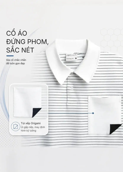 Áo Thun Cổ Polo FlexFit™ Sọc Boxy Vải Co Giãn Túi Xếp Origami The No Style 245 Màu Trắng 11 Dáng Hộp F5