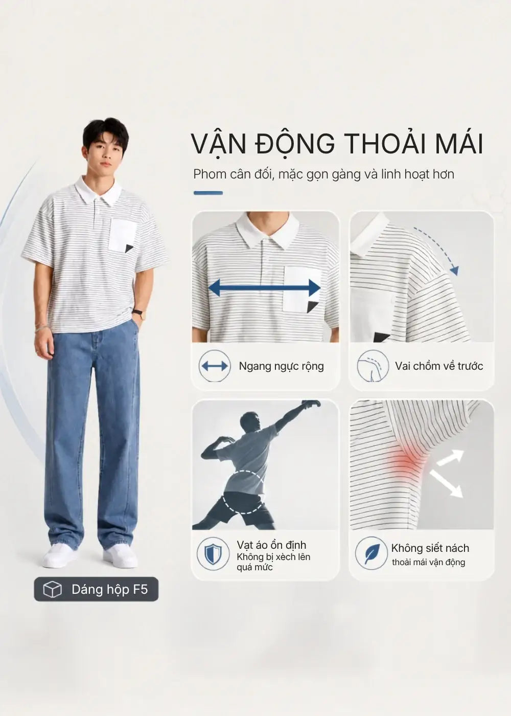 Áo Thun Cổ Polo FlexFit™ Sọc Boxy Vải Co Giãn Túi Xếp Origami The No Style 245 Màu Trắng 11 Dáng Hộp F5