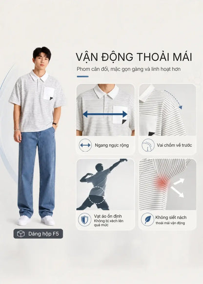 Áo Thun Cổ Polo FlexFit™ Sọc Boxy Vải Co Giãn Túi Xếp Origami The No Style 245 Màu Trắng 11 Dáng Hộp F5