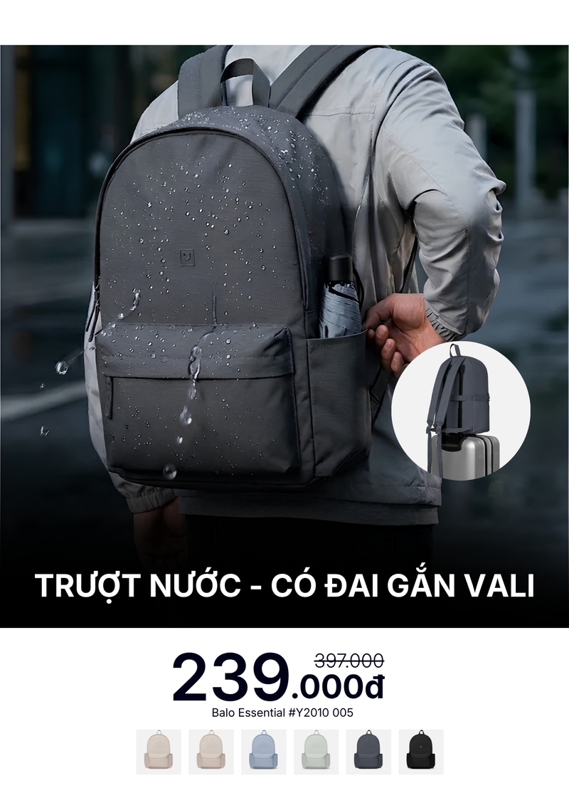 Balo Essential Trượt Nước Chống Sốc Có Đai Gắn Vali Tiện Dụng #Y2010 005 Màu Xám Đậm