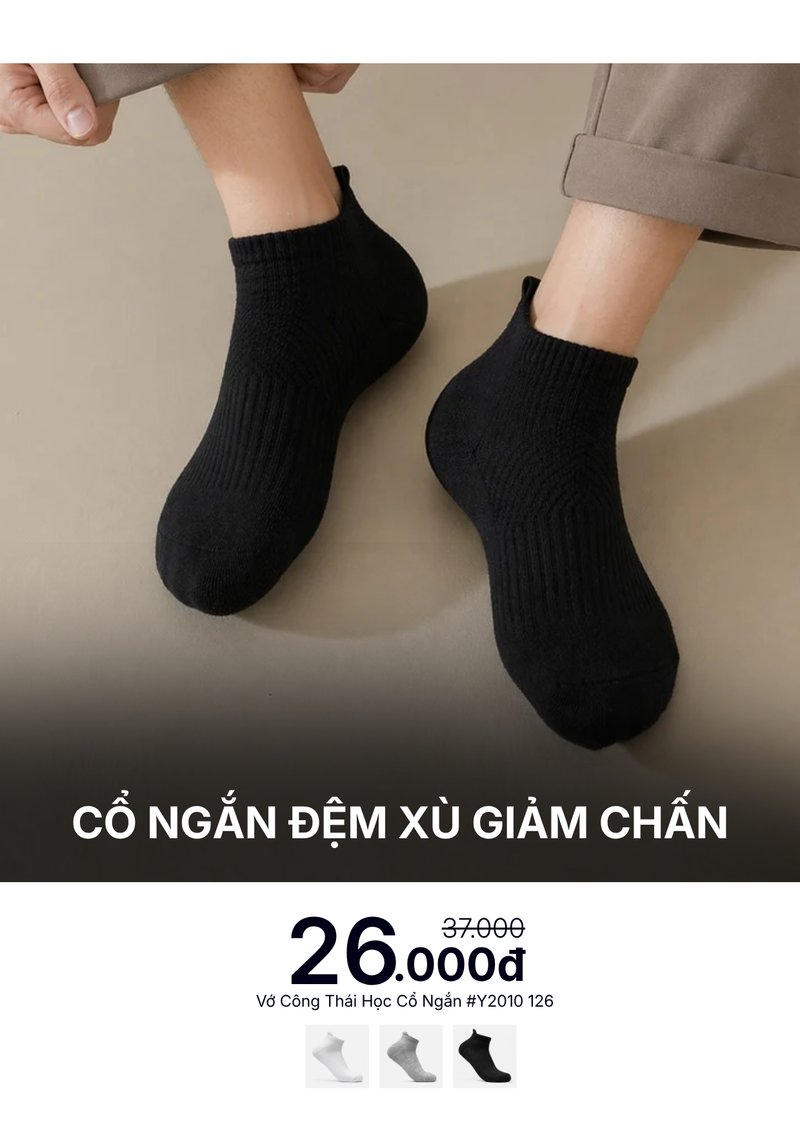 Vớ Cổ Ngắn Công Thái Học 90° Đệm Xù Giảm Chấn #Y2010 126 Đen