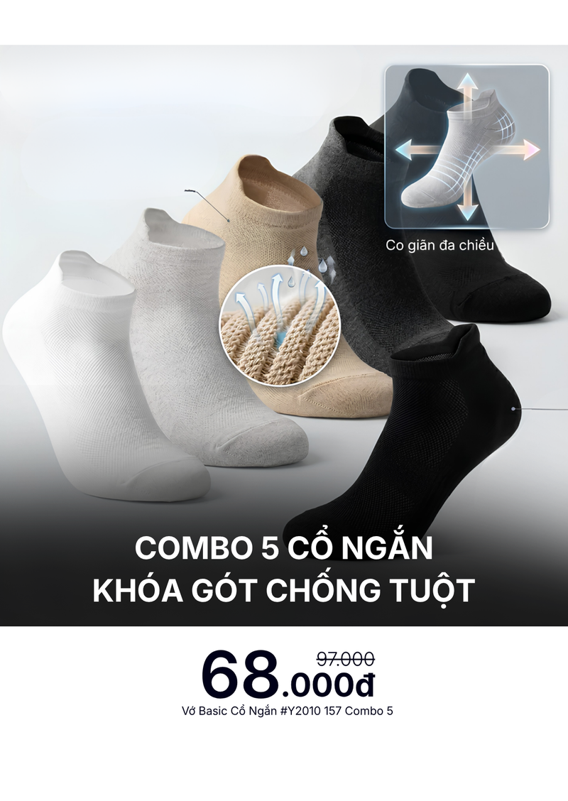 Combo 5 Vớ Basic Cổ Ngắn Heel Tab Khóa Gót Chống Tuột #Y2010 157 Free Color